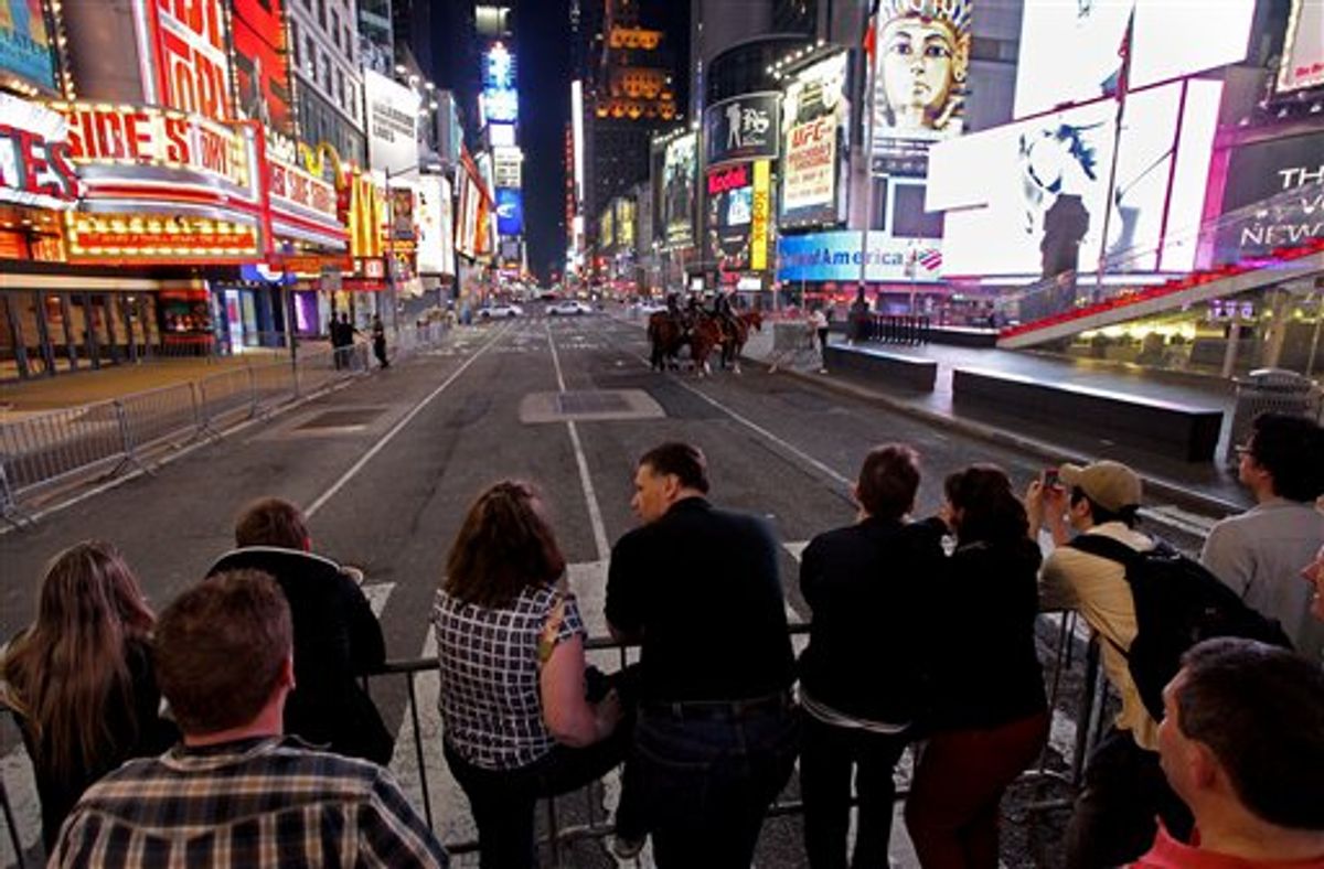 Times Square is void of pedestrians just south of 46th Street in New York Saturday, May 1, 2010. Police have closed some streets in New York City's Times Square as they investigate a car that has been "deemed suspicious."  (AP Photo/Craig Ruttle) (AP)
