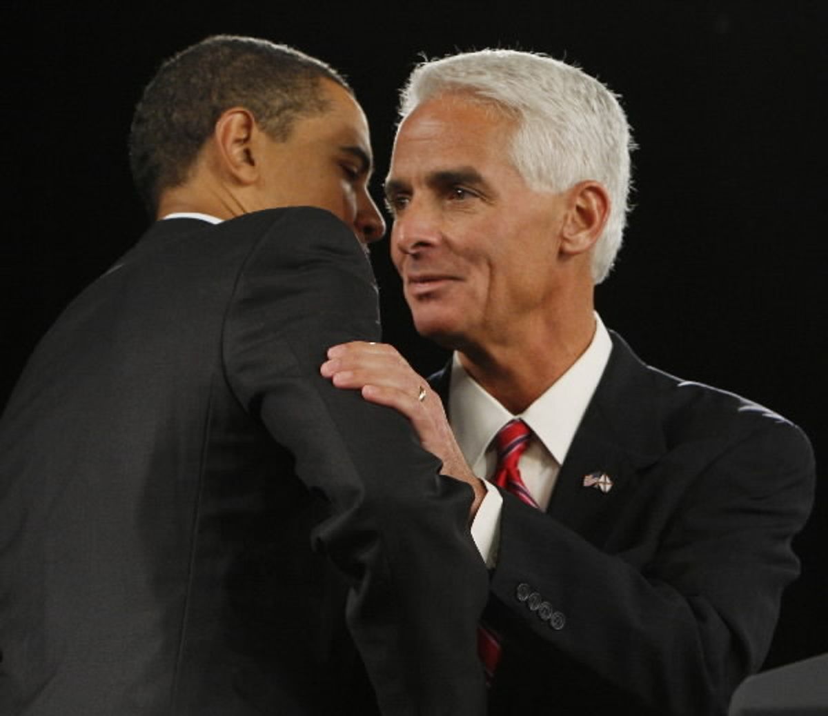 President Obama and Florida Gov. Charlie Crist embrace during a town hall meeting in Fort Myers, Fla.,  in 2009.