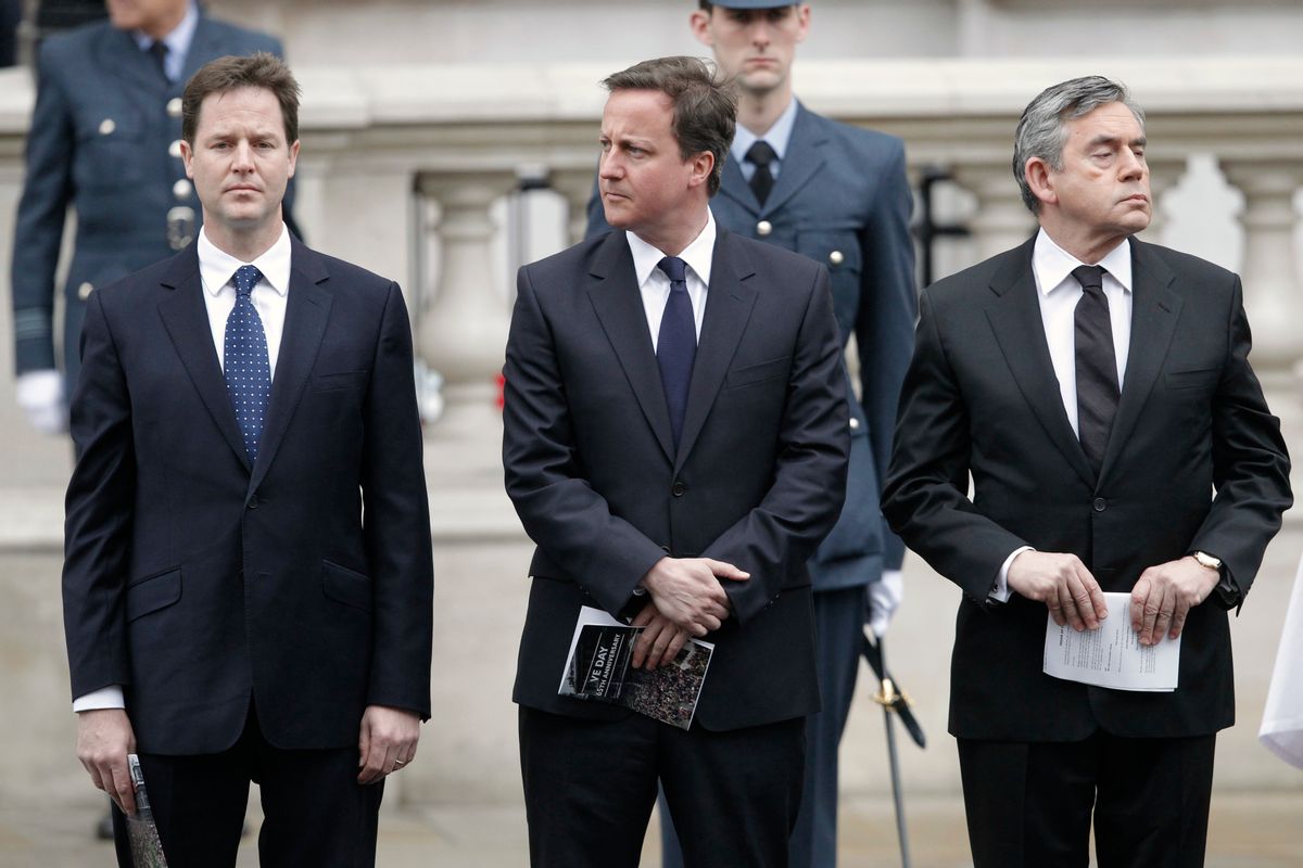 Britain's Prime Minister Gordon Brown (R) stands with Conservative Party leader David Cameron and Liberal Democrat leader Nick Clegg during a Victory in Europe (VE) day ceremony in central London May 8, 2010. Clegg sought backing from senior party members on Saturday for a possible deal with the Conservatives after an election in which no party won an outright majority. The centre-right Conservatives under Cameron won the most parliamentary seats in Thursday's election but need the support of other parties to form a stable government that can tackle a record budget deficit.   REUTERS/Luke Macgregor       (BRITAIN - Tags: POLITICS ELECTIONS IMAGES OF THE DAY ANNIVERSARY)  (Reuters)