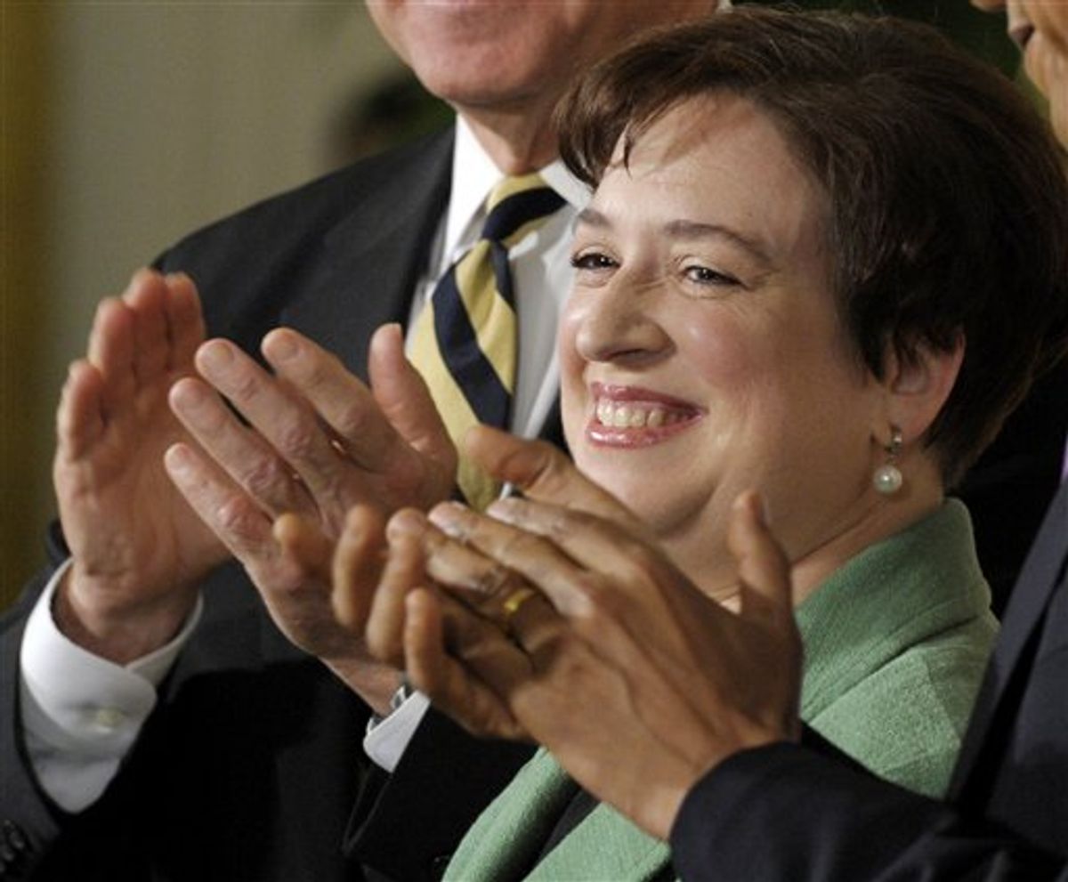Solicitor General Elena Kagan is applauded by President Barack Obama and Vice President Joe Biden as she is introduced as Obama's nominee for the Supreme Court during an announcement in the East Room of the White House in Washington, Monday, May 10, 2010. (AP Photo/Susan Walsh)         (AP)