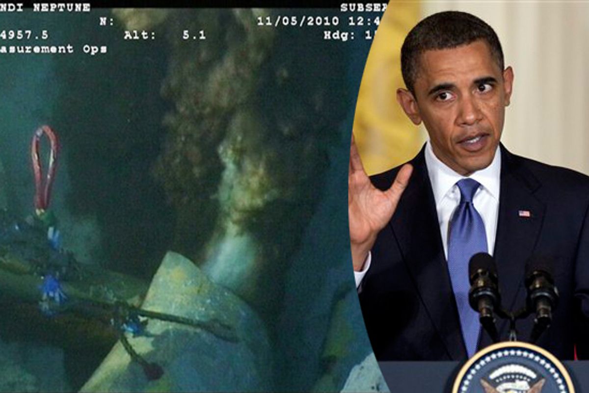 In this photo made from video taken by BP PLC on Tuesday, May 11, 2010, oil leaks into the Gulf of Mexico from the end of the pipe that was supposed to pump oil from the sea floor before the Deepwater Horizon oil rig exploded and sunk last month. Right: President Obama.   