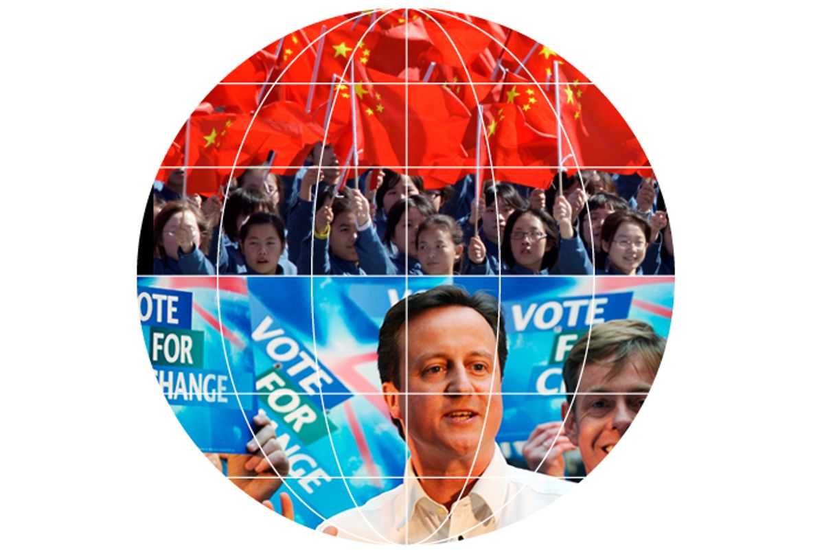 Top: Participants wave Chinese national flags as they march past Tiananmen Square. Bottom: Conservative Party leader David Cameron talks to party supporters at a rally at Linn Products headquarters in East Renfrewshire May 4, 2010.  
