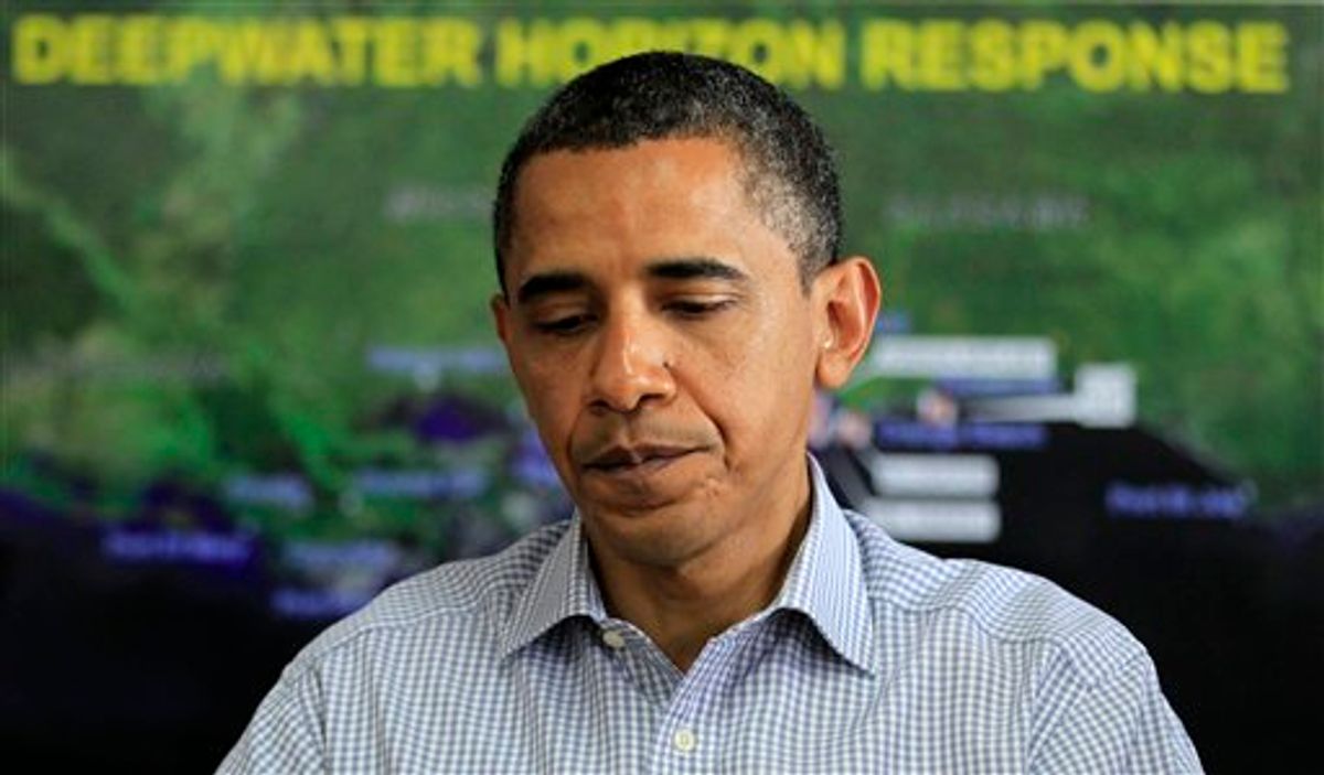 President Barack Obama pauses while making a statement afterbeing briefed on the BP oil spill relief efforts in the Gulf Coast region, Friday, June 4, 2010, at Louis Armstrong International New Orleans Airport in Kenner, La. (AP Photo/Charles Dharapak) (AP)