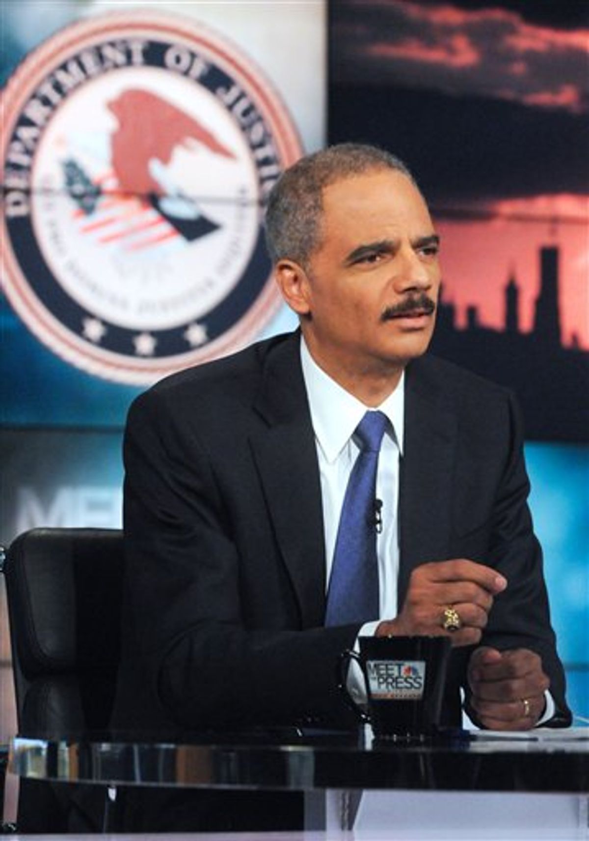 This photo provided by NBC shows U.S. Attorney General Eric Holder speaking on "Meet the Press" in Washington Sunday, May 9, 2010. Holder said Sunday that new evidence shows the Pakistani Taliban was "intimately involved" in the bombing plot on Times Square. (AP Photo/NBC, William B. Plowman) ** MANDATORY CREDIT, NO SALES. ** (AP)