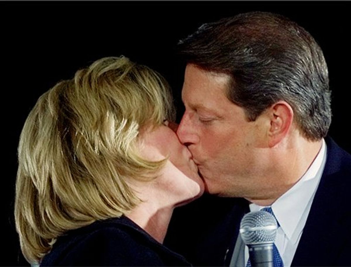 FILE - In this Nov. 5, 2000 file photo, then-Democratic presidential candidate Vice President Al Gore gets a kiss from  his wife Tipper during a campaign rally at the University of Michigan in Dearborn, Mich. Former Vice President Al Gore and his wife, Tipper, are separating after 40 years of marriage. (AP Photo/Doug Mills, File) (AP)