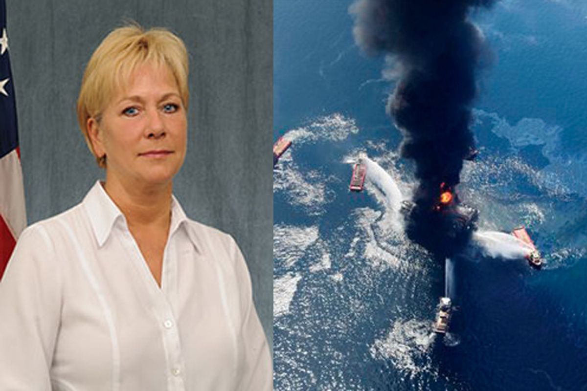 Interior Department Inspector General Mary Kendall and the Deepwater Horizon oil rig.