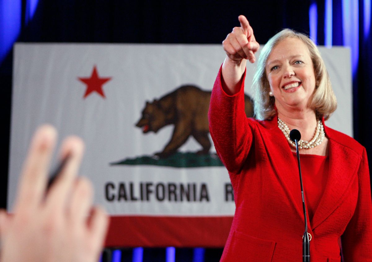 Meg Whitman, after winning the Republican nomination for governor of California, speaks to reporters after a post-primary election celebration in Anaheim, Calif., Wednesday, June 9, 2010.  (AP Photo/Reed Saxon) (Reed Saxon)