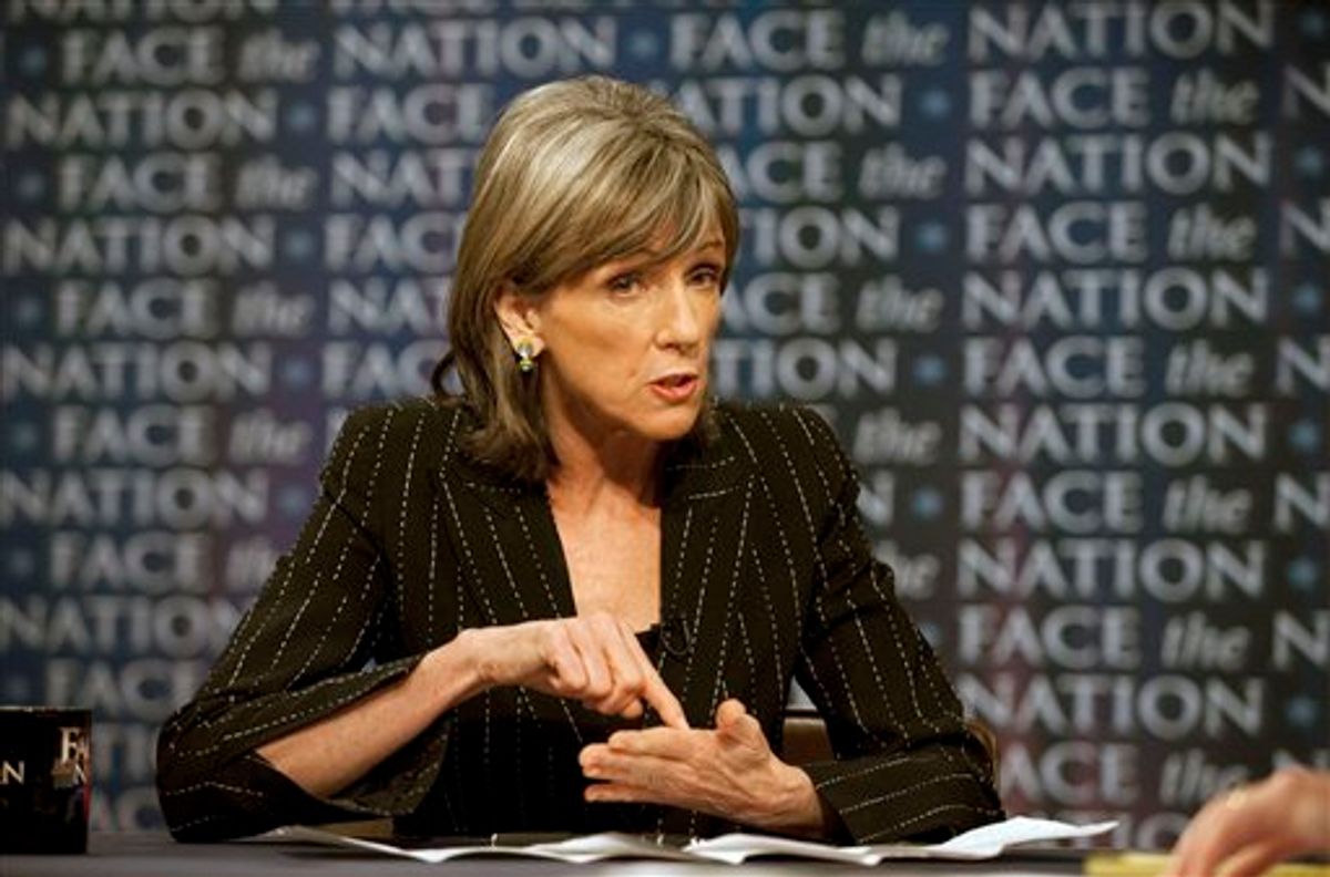 In this May 30, 2010, photo provided by CBS, Carol Browner, President Barack Obama's top energy adviser, is interviewed on CBS's Face the Nation in Washington. Browner says the Gulf oil spill is probably the biggest environmental disaster the U.S. has ever faced.  She said more oil is leaking into the Gulf of Mexico than from any previous U.S. oil spill, including the Exxon Valdez spill off the coast of Alaska in 1989. (AP Photo/Face the Nation, Chris Usher)  ** MANDATORY CREDIT, NO ARCHIVES, NO SALES ** (AP)