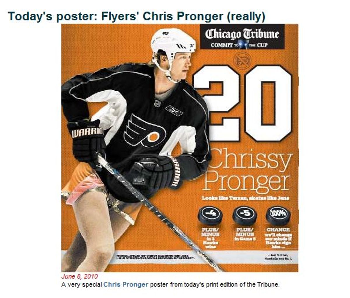 Chicago Tribune mocks Philadelphia Flyers' "Chrissy" Pronger. (Brian Frederick)