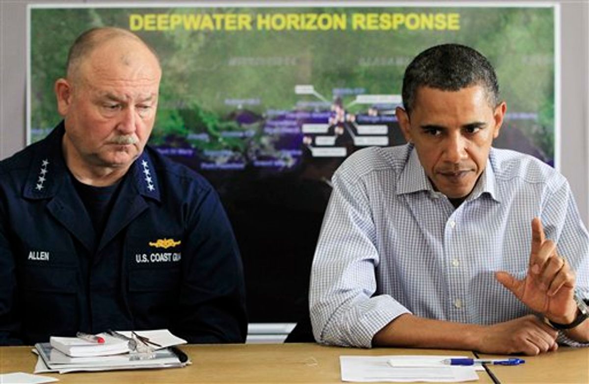 FILE - In this June 4, 2010, file photo, President Barack Obama, accompanied by  by National Incident Commander Adm. Thad Allen, makes a statement after being briefed on the BP oil spill relief efforts in the Gulf Coast region at Louis Armstrong International New Orleans Airport in Kenner, La. "I take responsibility. It is my job to make sure that everything is done to shut this down," Obama said.  (AP Photo/Charles Dharapak, File) (AP)