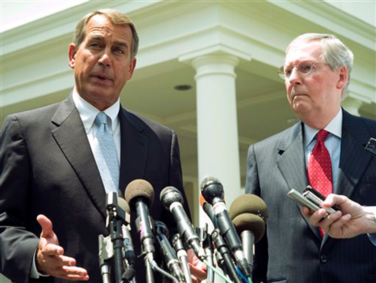 House Minority Leader  John Boehner of Ohio, left, accompanied by Senate Minority Leader Mitch McConnell of Ky., talk to reporters outside the White House in Washington, Thursday, June 10, 2010, after meeting with President Barack Obama regarding the BP Deepwater Horizon oil spill. (AP Photo/Charles Dharapak)  (Charles Dharapak)