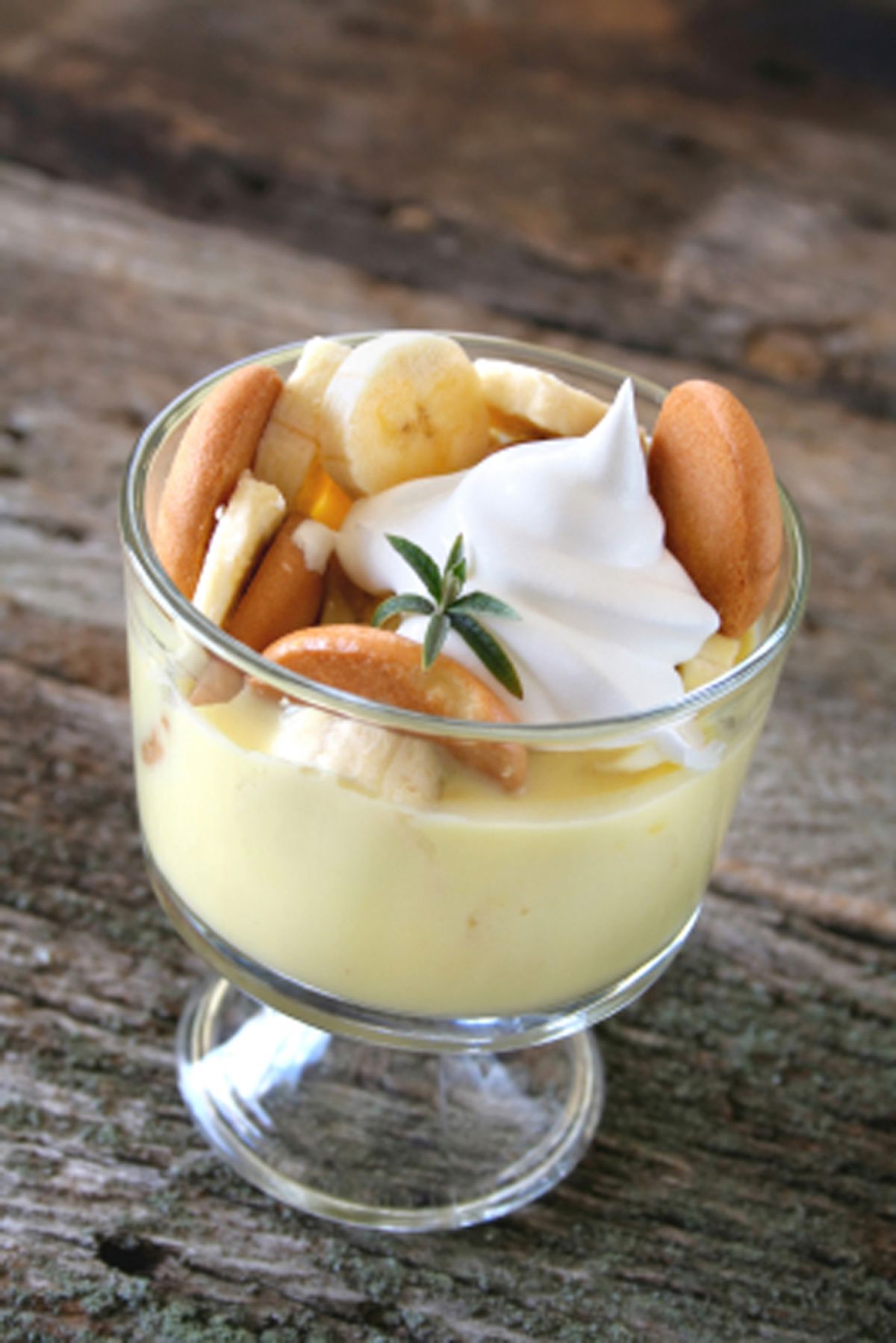 Small dish of banana pudding with wafers and whip topping