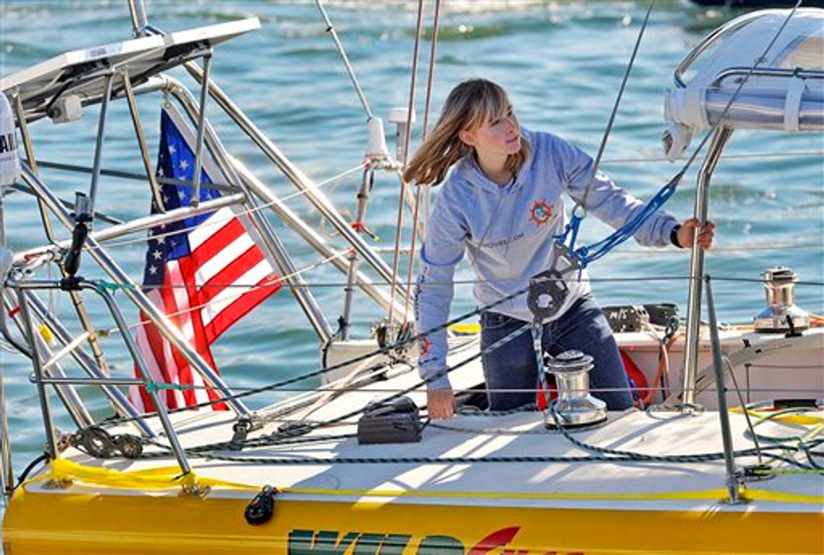 FILE - In this Saturday, Jan 23, 2010 picture, Abby Sunderland, 16, looks out from her sailboat, Wild Eyes, as she leaves for her world record attempting journey at the Del Rey Yacht Club in Marina del Rey, Calif. Rescuers searched Thursday, June 10, 2010 for her somewhere between Africa and Australia. He says emergency beacons were activated overnight and there has been a loss of communication. She was feared in trouble in the southern Indian Ocean. (AP Photo/Richard Hartog) (AP)