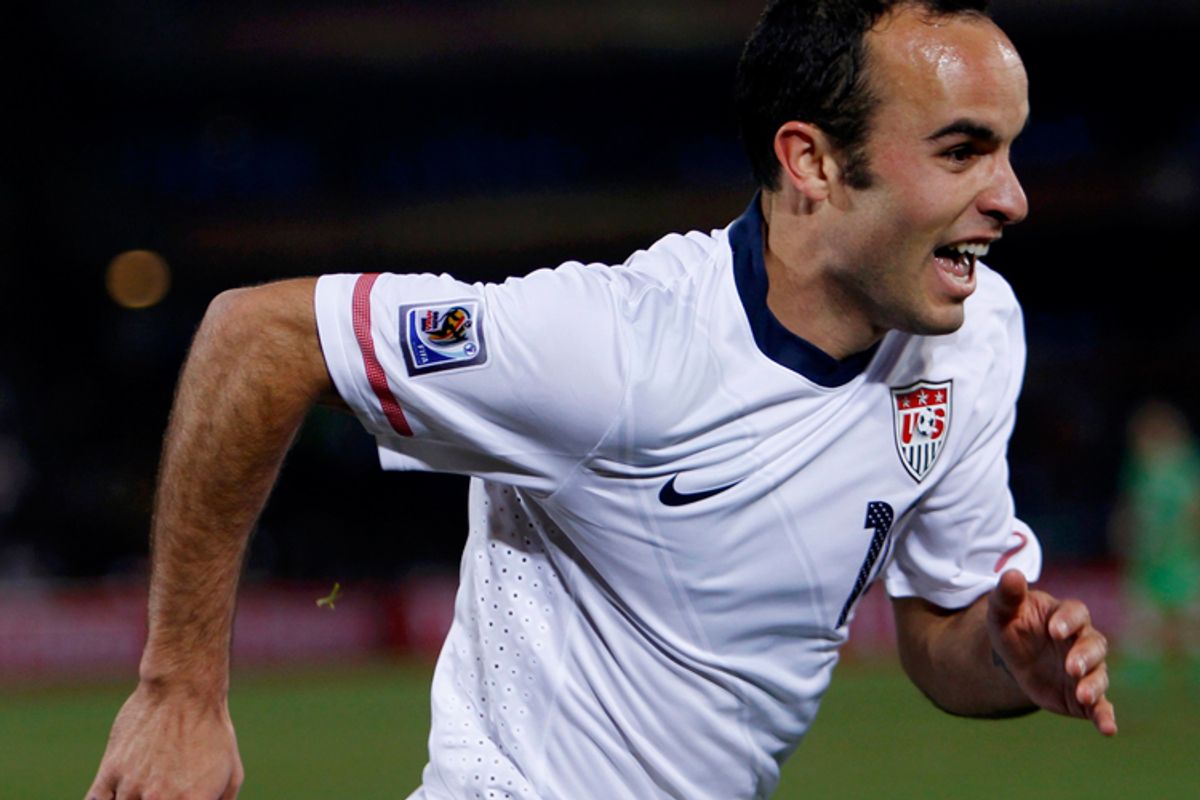Landon Donovan celebrates after scoring the winning goal against Algeria during a 2010 World Cup Group C soccer match in Pretoria.  
