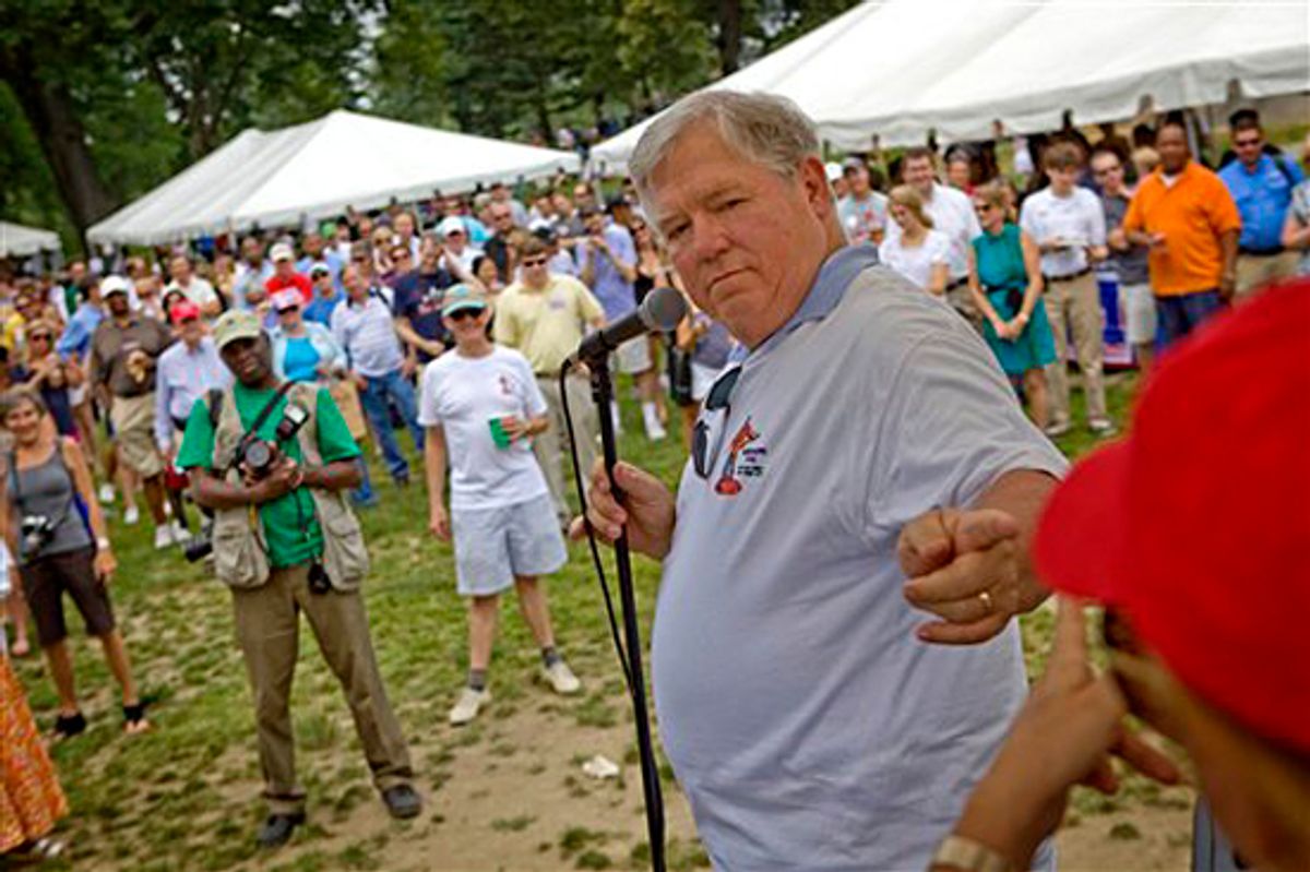 Mississippi Gov. Haley Barbour addresses the public on concerns that oil from the spill in the gulf has reached the shores of Mississippi as he attends the 31st New York Mississippi Picnic in New York's Central Park, Saturday, June 5, 2010. (AP Photo/David Goldman)    (David Goldman)