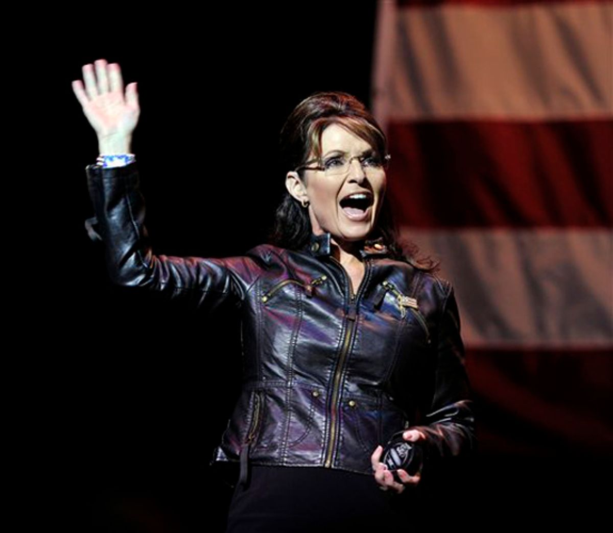 Sarah Palin, the former Republican vice-presidential nominee talks to supporters at an "Evening with Sarah Palin" event on Wednesday, May 12, 2010, in Rosemont, Illinois. (AP Photo/Jim Prisching) (Jim Prisching)