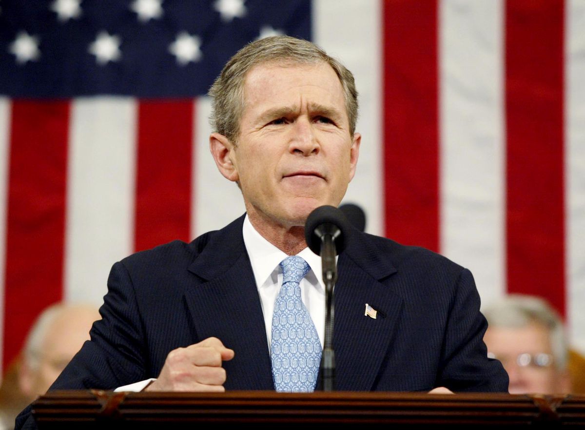 U.S. President George W. Bush addresses a Joint Session of Congress at
the Capitol Building in Washington January 29, 2002. President Bush
warned on Tuesday in his first State of the Union speech that America's
war on terrorism is just starting with tens of thousands of trained
followers of Osama bin Laden believed spread around the world as
"ticking time bombs.REUTERS/Luke Frazza/Pool

HK/JP (Reuters)