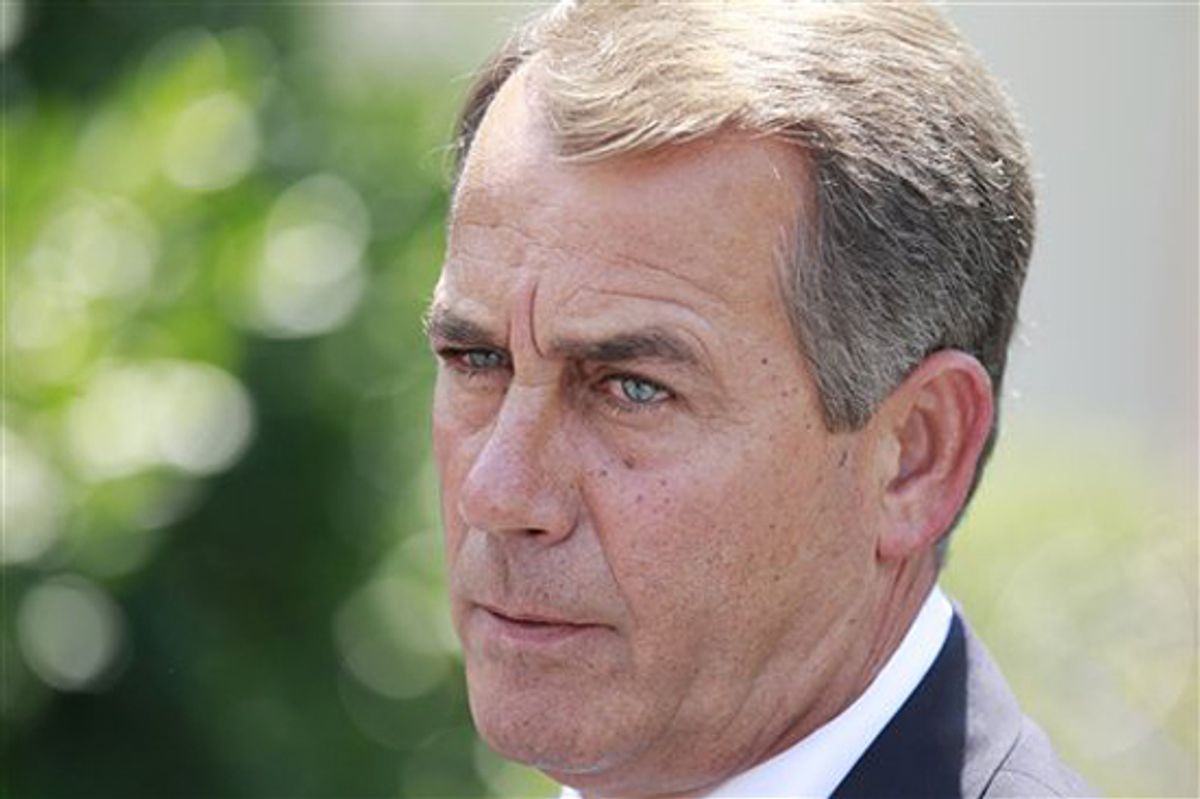 FILE - In this June 10, 2010 file photo, House Minority Leader John Boehner of Ohio speaks to reporters outside the White House in Washington following a meeting with President Barack Obama regarding the BP Deepwater Horizon oil spill.  Crafting an agenda for the fall elections has not been easy for congressional Republicans, who, to solicit ideas, set up a Web site, soon flooded by liberals with distinctly un-Republican suggestions. Meanwhile some Republicans don't even agree that they need a new agenda at all.   (AP Photo/Charles Dharapak, File) (Charles Dharapak)