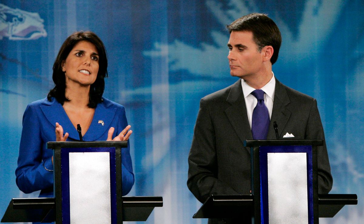 South Carolina Republican candidates for governor, from left  Rep. Nikki Haley, R-Lexington, U.S. Rep. Gresham Barrett, R-SC and Lt. Gov. Andre Bauer, listen during their debate on the issues at ETV studios Monday, May 3, 2010, in Columbia, S.C.  (AP Photo/Mary Ann Chastain)  (Mary Ann Chastain)