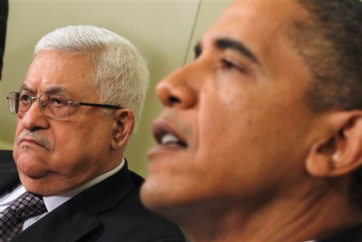 President Barack Obama meets with Palestinian leader Mahmoud Abbas, Wednesday, June 9, 2010, in the Oval Office at the White House in Washington. (AP Photo/Charles Dharapak) (AP)