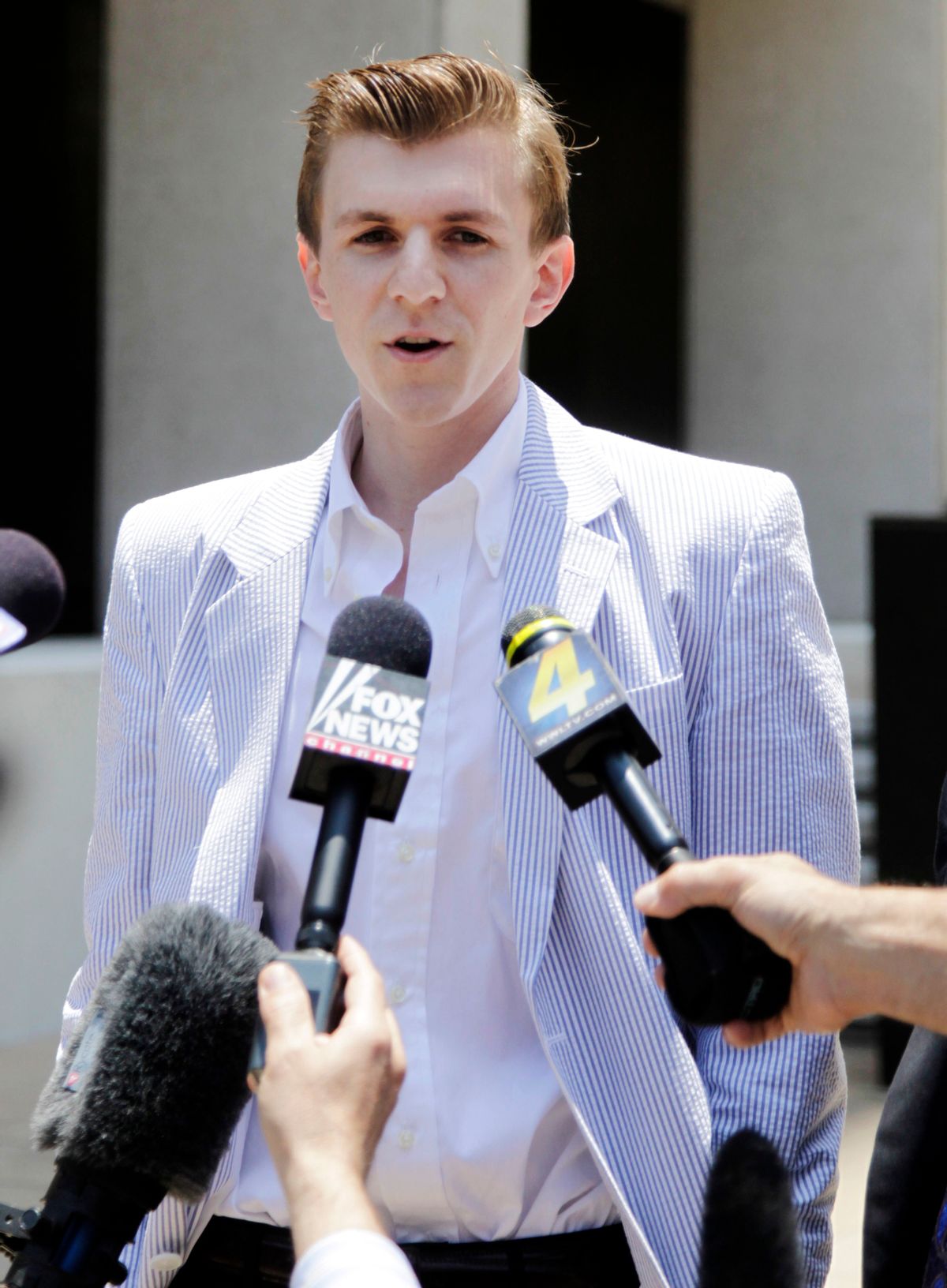 James O'Keefe makes a statement after leaving the federal courthouse in New Orleans, Wednesday, May 26, 2010. O'Keefe who was accused of trying to tamper with the phones in Sen. Mary Landrieu's New Orleans office was sentenced to three years probation, 100 hours of community service and a $1,500 fine, after pleading guilty to misdemeanor charges.  (AP Photo/Bill Haber) (Bill Haber)