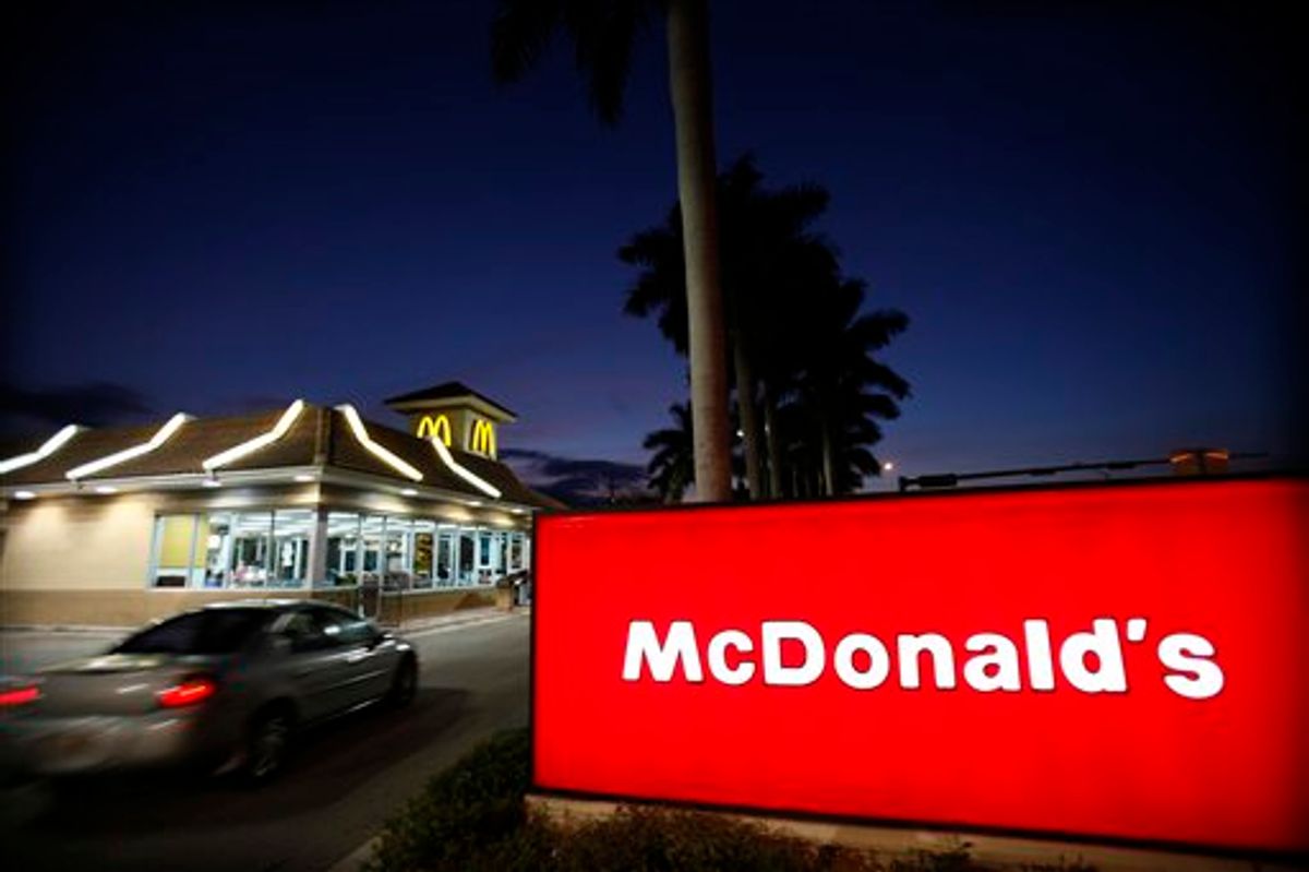 FILE - In this Jan. 20, 2010 file photo, a McDonald's restaurant is shown in Doral, Fla. McDonald's Corp. said Monday, May 10, 2010, a key performance measure climbed in April, as customers spent more money to buy everything from iced coffee drinks to chicken nuggets.(AP Photo/Wilfredo Lee, file)             (AP)