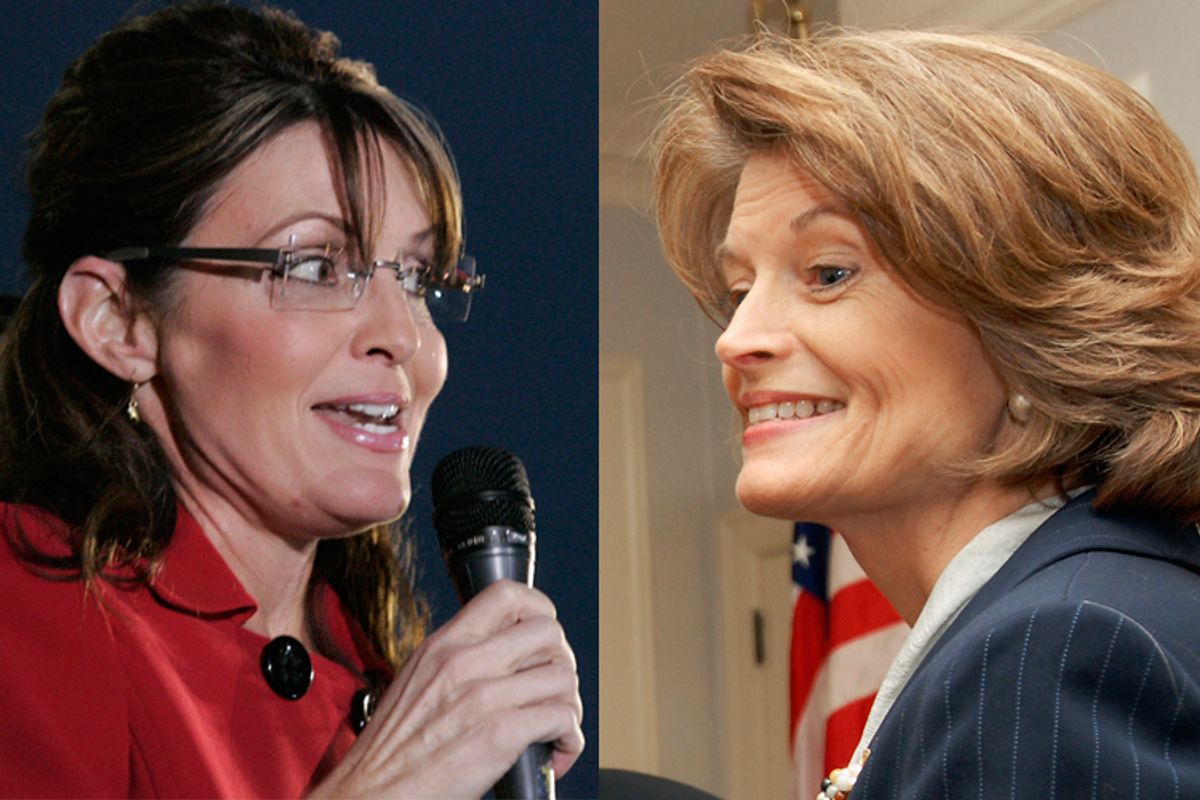 Former Alaska Governor Sarah Palin at a book signing, left.  U.S. Senator Lisa Murkowski, R-Alaska, right.