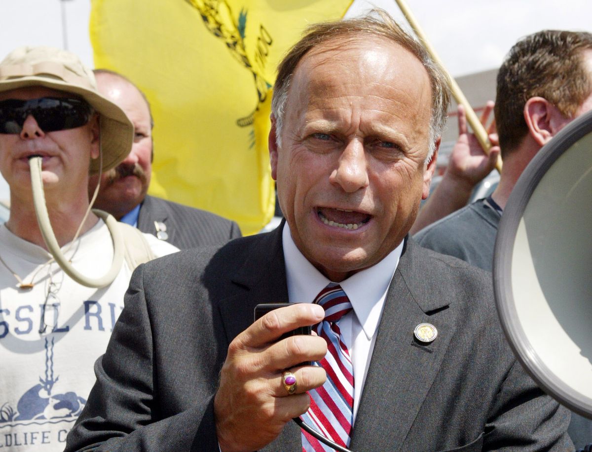 U.S. House of Representatives member Steve King from Iowa speaks to the Minutemen, a group of civilian border-watchers, gathered in Laredo, Texas September 11, 2006. The Minutemen plan to start patroling the border along the United States and Mexico.  REUTERS/Joe Mitchell (UNITED STATES)  (Â© Joe Mitchell / Reuters)