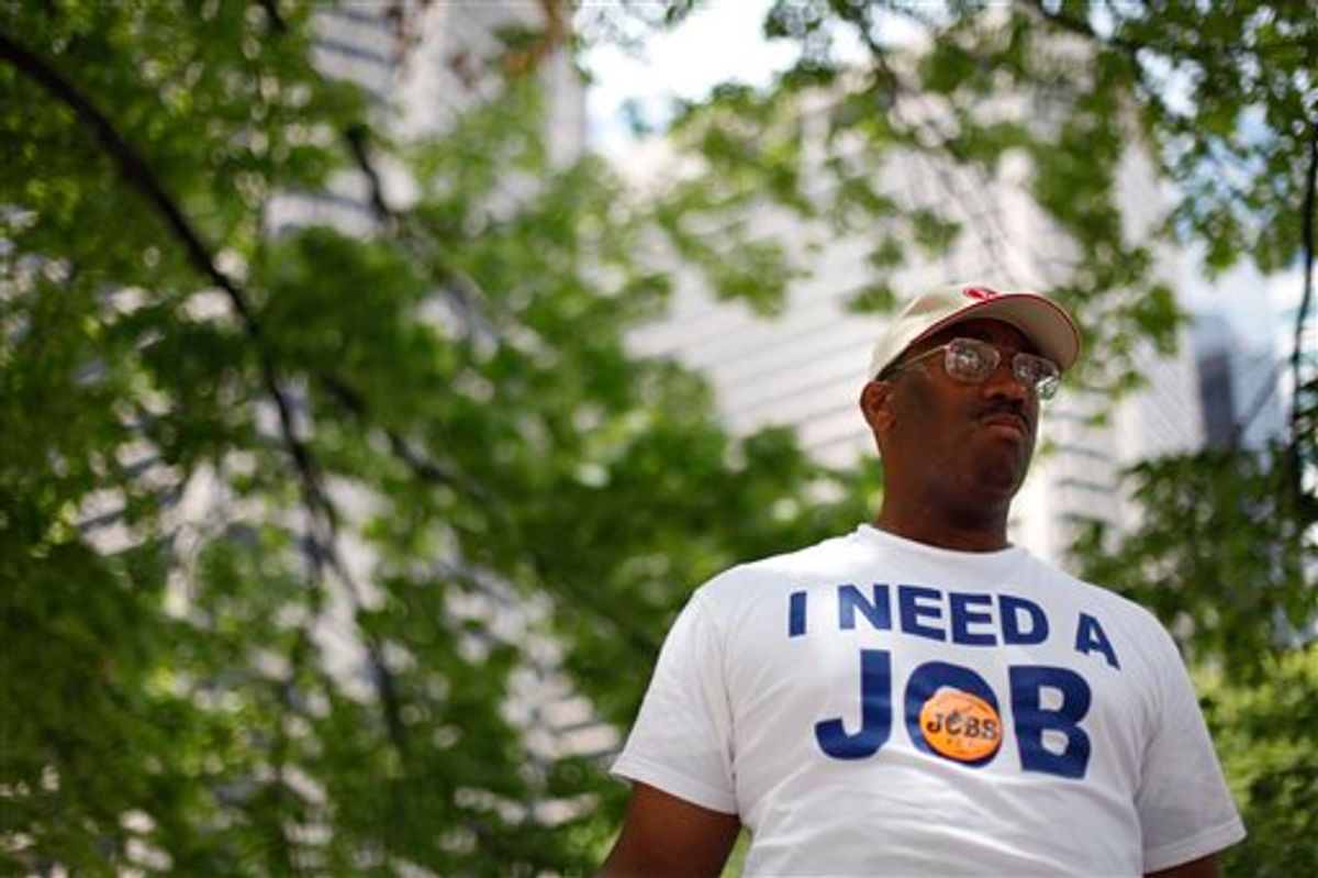 In this June 23, 2010 photo, Frank Wallace, who has been unemployed since May of 2009, is seen during a rally organized by the Philadelphia Unemployment Project, in Philadelphia. Initial claims for jobless benefits fell by the largest amount in two months last week, but remain above levels consistent with healthy job growth. (AP Photo/Matt Rourke)   (AP)