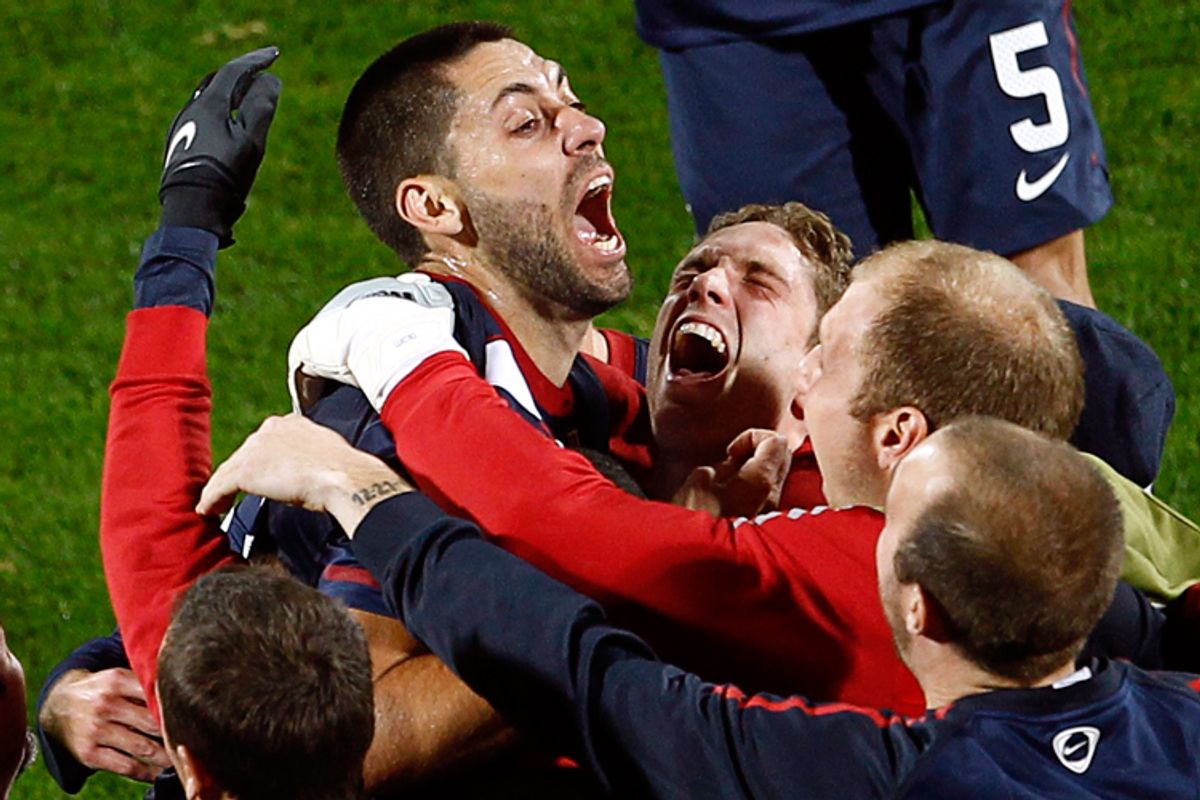 The US team celebrates after scoring during a 2010 World Cup match against England 