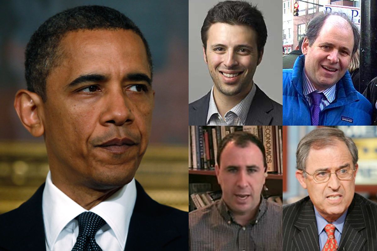 President Obama and (clockwise from upper left) Ezra Klein, Jonathan Alter, Lanny Davis and Jonathan Chait