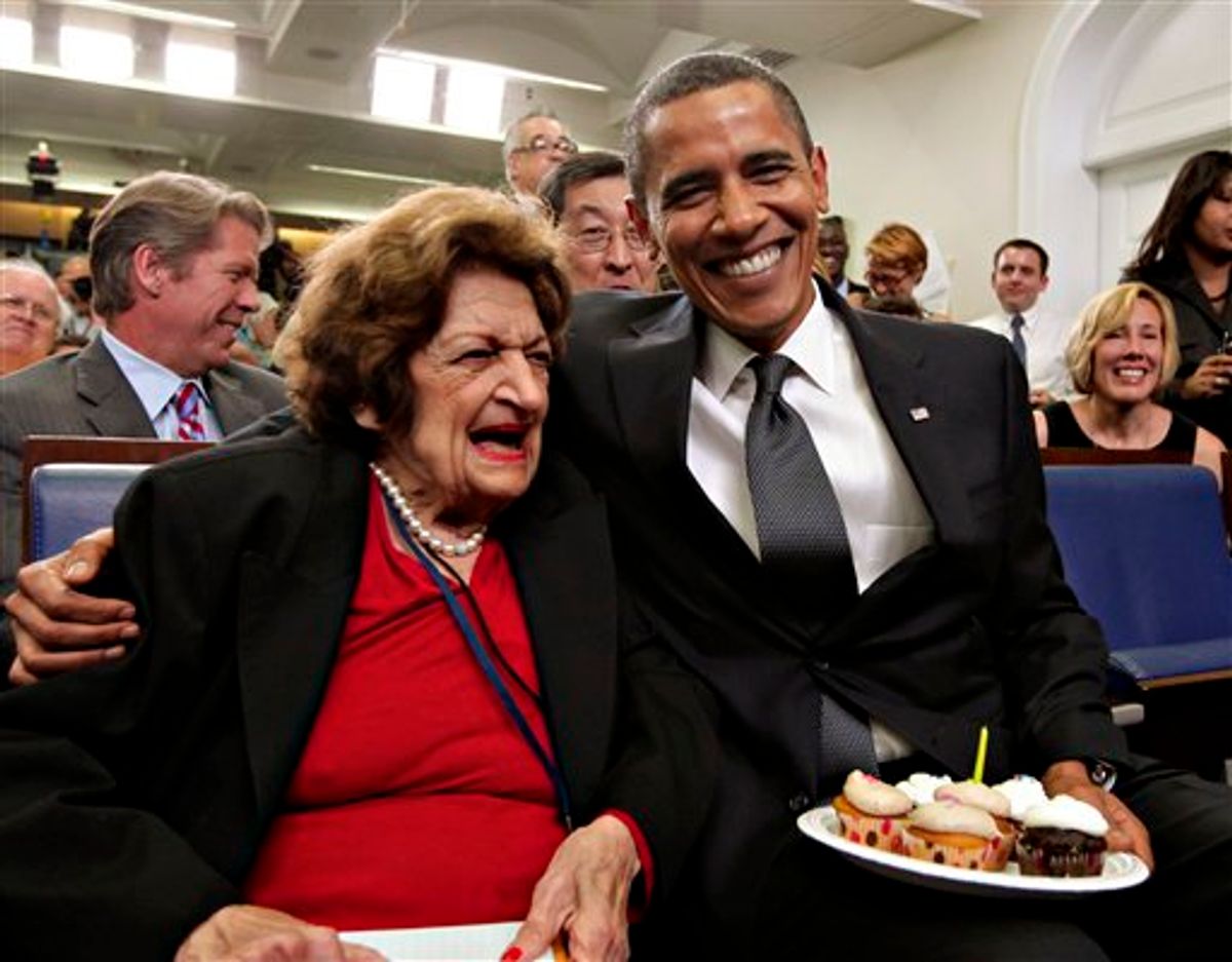 ** PROVIDES ALTERNATE CROP OF DCSA101 ** President Barack Obama, marking his 48th birthday, takes a break from his official duties to bring birthday greetings to veteran White House reporter Helen Thomas, left, who shares the same birthday and turns 89, Tuesday, Aug. 4, 2009, in the White House Press Briefing Room in Washington. Helen Thomas has covered every president since John F. Kennedy.  (AP Photo/J. Scott Applewhite) (Associated Press)