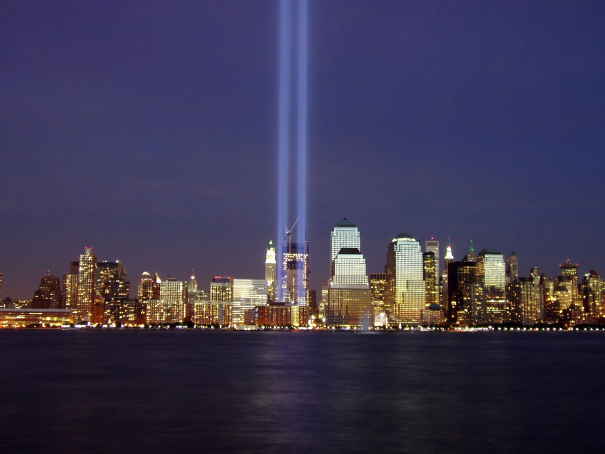 Two beams of light represent the former Twin Towers of the World Trade Center during the 2004 memorial of the Sept. 11, 2001, attacks.