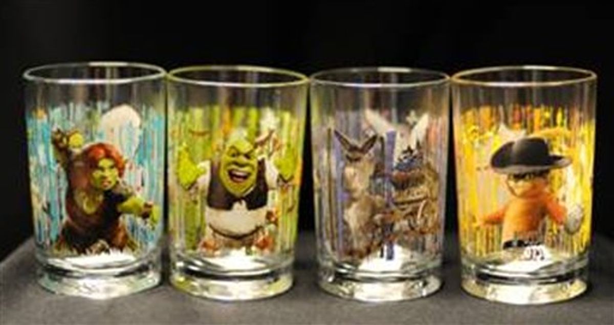 This image provided by the U.S. Consumer Product Safety Commission shows Shrek Forever After 3D Collectable Drinking Glasses being promoted by McDonald's Corp that are being recalled because the designs on the glasses contain cadmium. (AP Photo/U.S. Consumer Product Safety Commission) (AP)