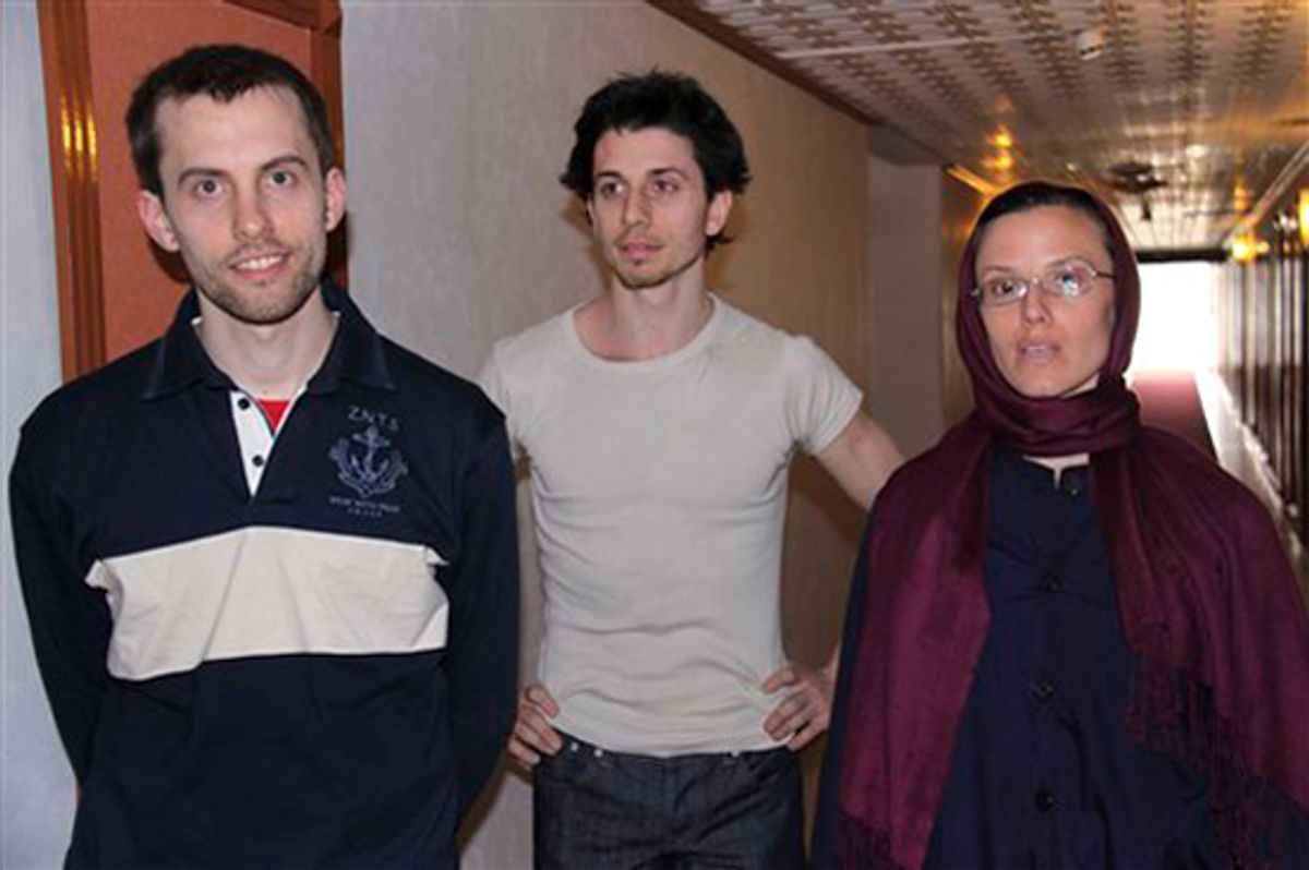American hikers Shane Bauer, left, Josh Fattal, center, and Sarah Shourd stand prior to meeting with their mothers at the Esteghlal hotel in Tehran, Friday, May 21, 2010. The mothers of three Americans jailed in Iran for 10 months had more time with their children on Friday after an emotional reunion a day earlier in a Tehran hotel overlooking Evin prison, where the three have been held since their arrest in July along the Iran-Iraq border. (AP Photo/Press TV) (Str)