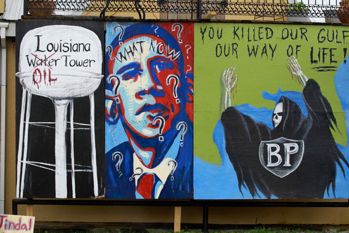 A wall painted with protest messages in Grand Isle, Louisiana. 