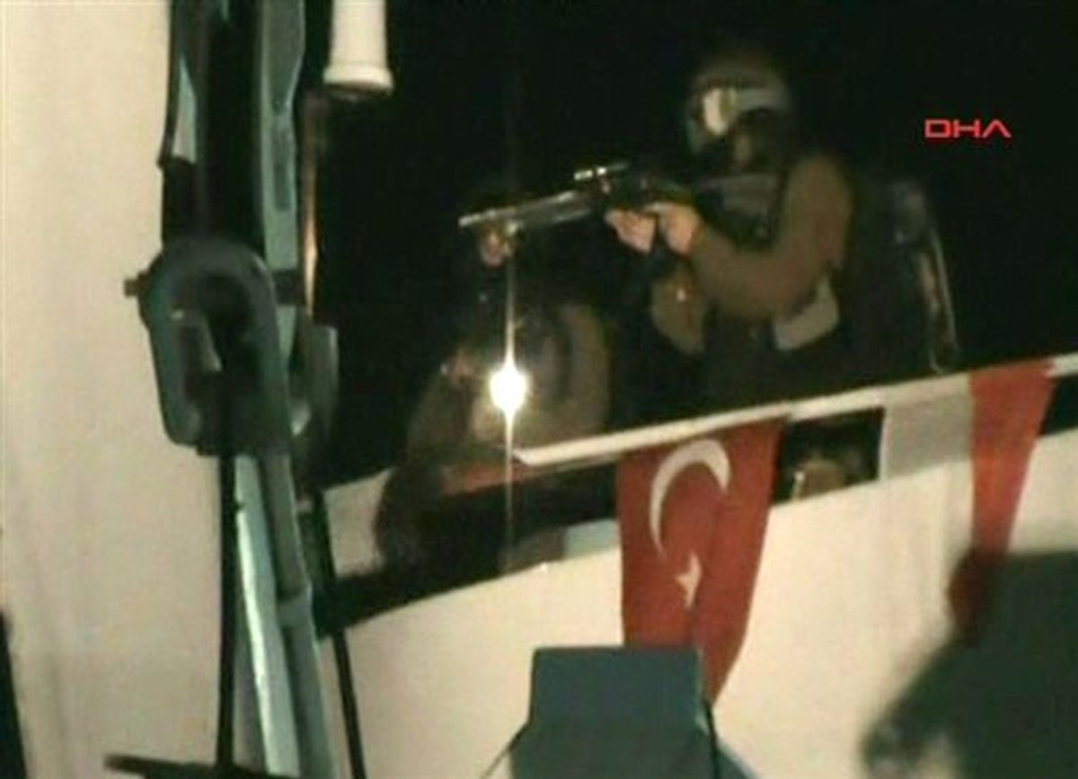 This video image released by the Turkish Aid group IHH Monday May 31, 2010 purports to show Israeli soldiers aiming a gun on the deck of a Turkish ship, part of an aid convoy heading to the Gaza Strip, after Israeli soldiers boarded the vessel in international waters off the Gaza coast. Israeli commandos on Monday stormed six ships carrying hundreds of pro-Palestinian activists on an aid mission to the blockaded Gaza Strip, killing at least 10 people and wounding dozens after encountering unexpected resistance as the forces boarded the vessels.   AP Photo/IHH via APTN) ** TURKEY OUT ** (AP)
