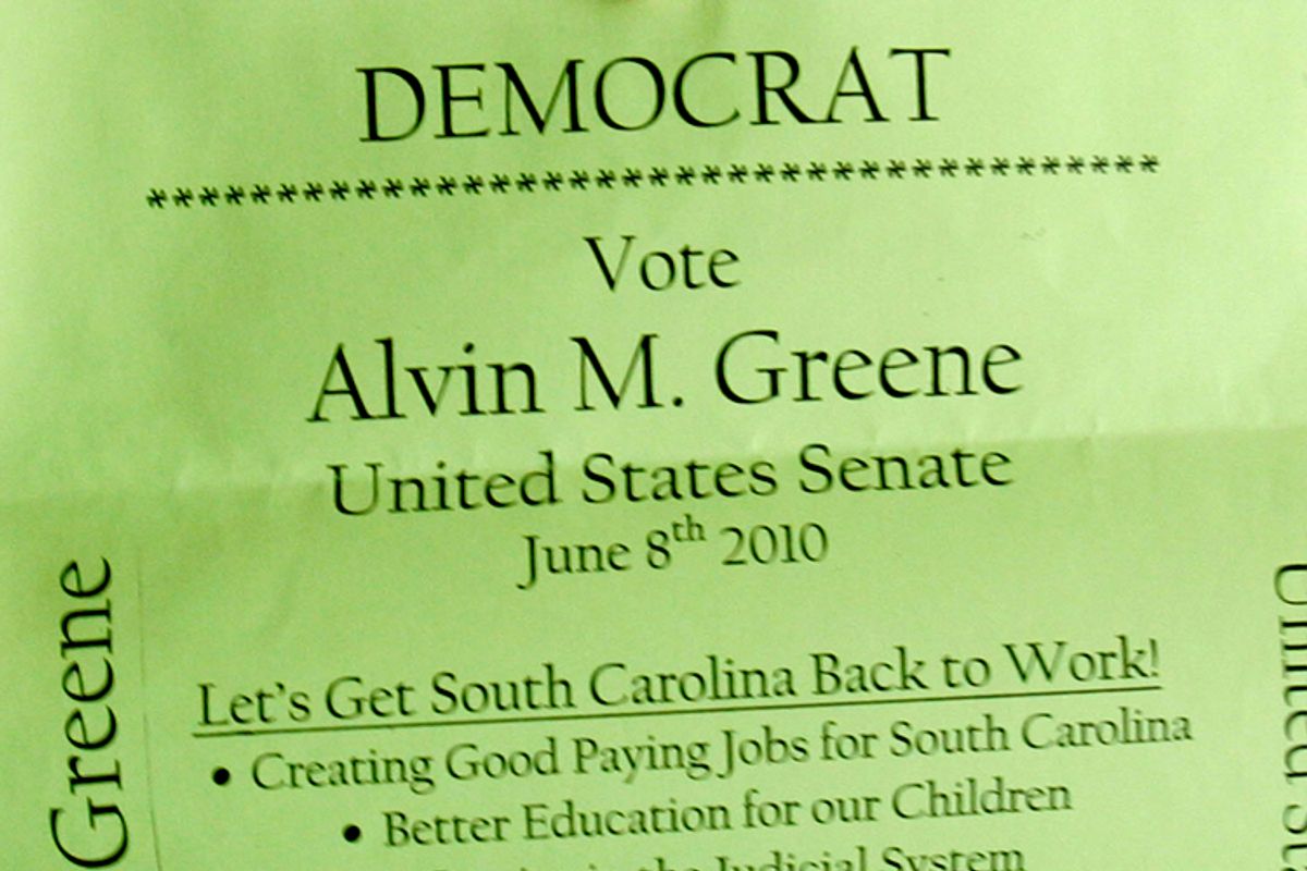 A detail from the campaign flyer for South Carolina Democratic candidate for U.S. Senate, Alvin M Greene.