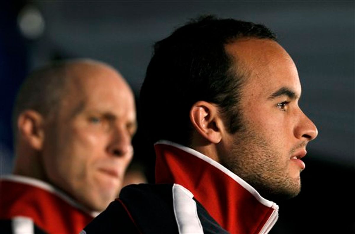 U.S. national soccer team midfielder Landon Donovan, right, speaks as coach Bob Bradley, left, looks on during a news conference in Irene, South Africa, Wednesday, June 9, 2010. The U.S. team is preparing for the upcoming World Cup, where it will play in Group C. (AP Photo/Elise Amendola)  (AP)