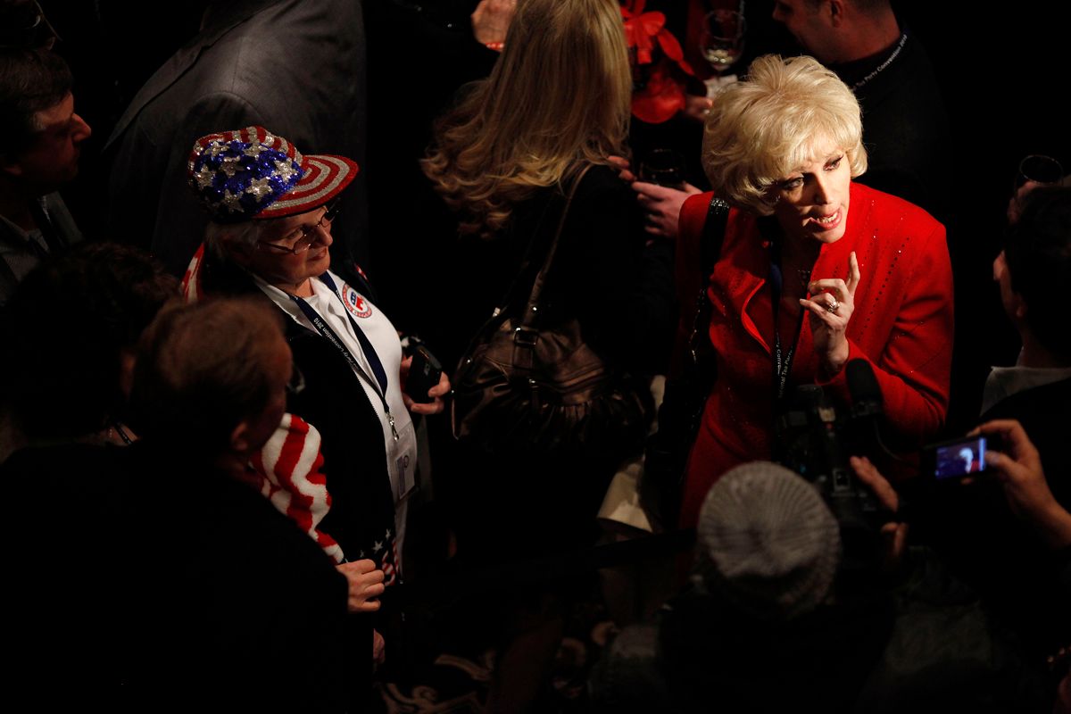 Orly Taitz (R) talks with reporters during the National Tea Party Convention at the Gaylord Opryland Hotel in Nashville, Tennessee,  February 6, 2010. REUTERS/Josh Anderson (UNITED STATES - Tags: POLITICS)   (Â© Josh Anderson / Reuters)