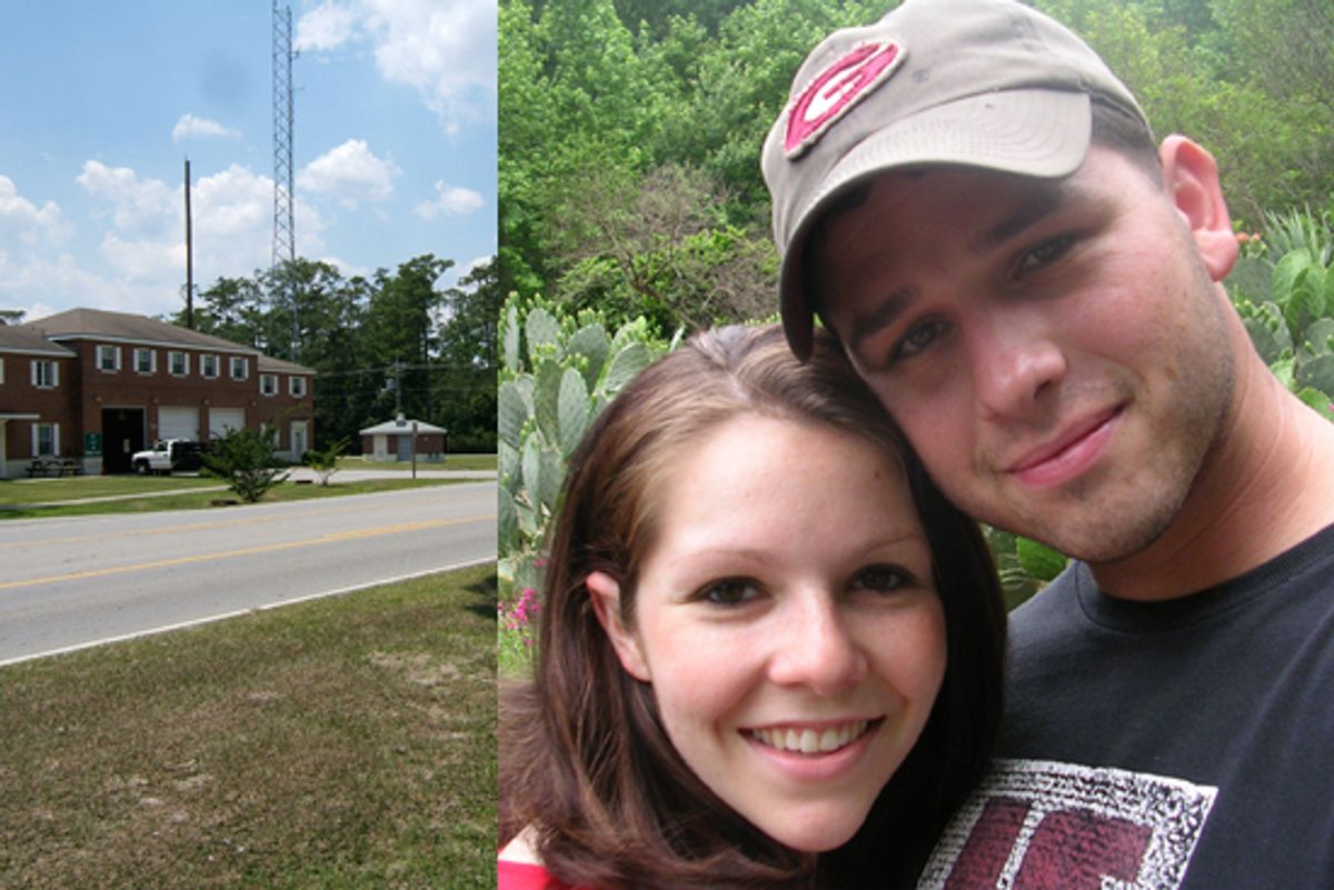 Left: The spot on McHugh Boulevard in Camp Lejeune where Bagosy shot himself. Right: Sgt. Tom Bagosy and Katie Bagosy