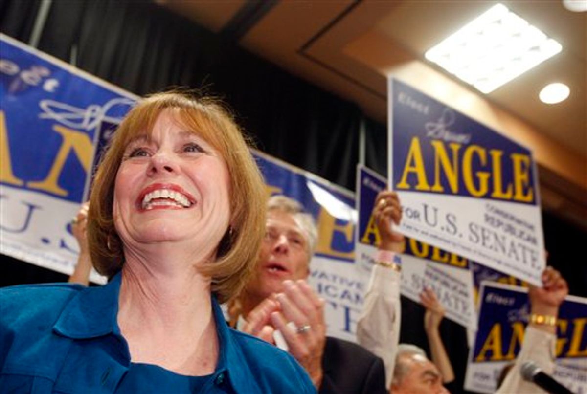 Sharron Angle speaks to supporters after winning the Nevada Republican U.S. Senate primary election race Tuesday, June 8, 2010 in Las Vegas. Angle will face Sen. Harry Reid, D-Nev. in November. (AP Photo/Isaac Brekken) (AP)