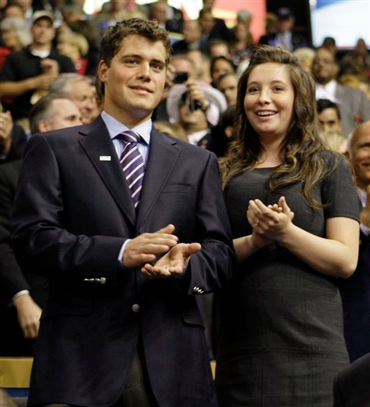 FILE - This Sept. 3, 2008 file photo shows Bristol Palin, daughter of Alaska Gov. Sarah Palin and former Republican vice presidential candidate, and Levi Johnston at the Republican National Convention in St. Paul, Minn. Bristol Palin tells the magazine US Weekly Wednesday July 14, 2010  that she finds the idea of telling her mother about her engagement "intimidating and scary." The pair say they reconnected while working out a custody plan and became engaged two weeks ago.  (AP Photo/Charles Rex Arbogast, file) (Associated Press)