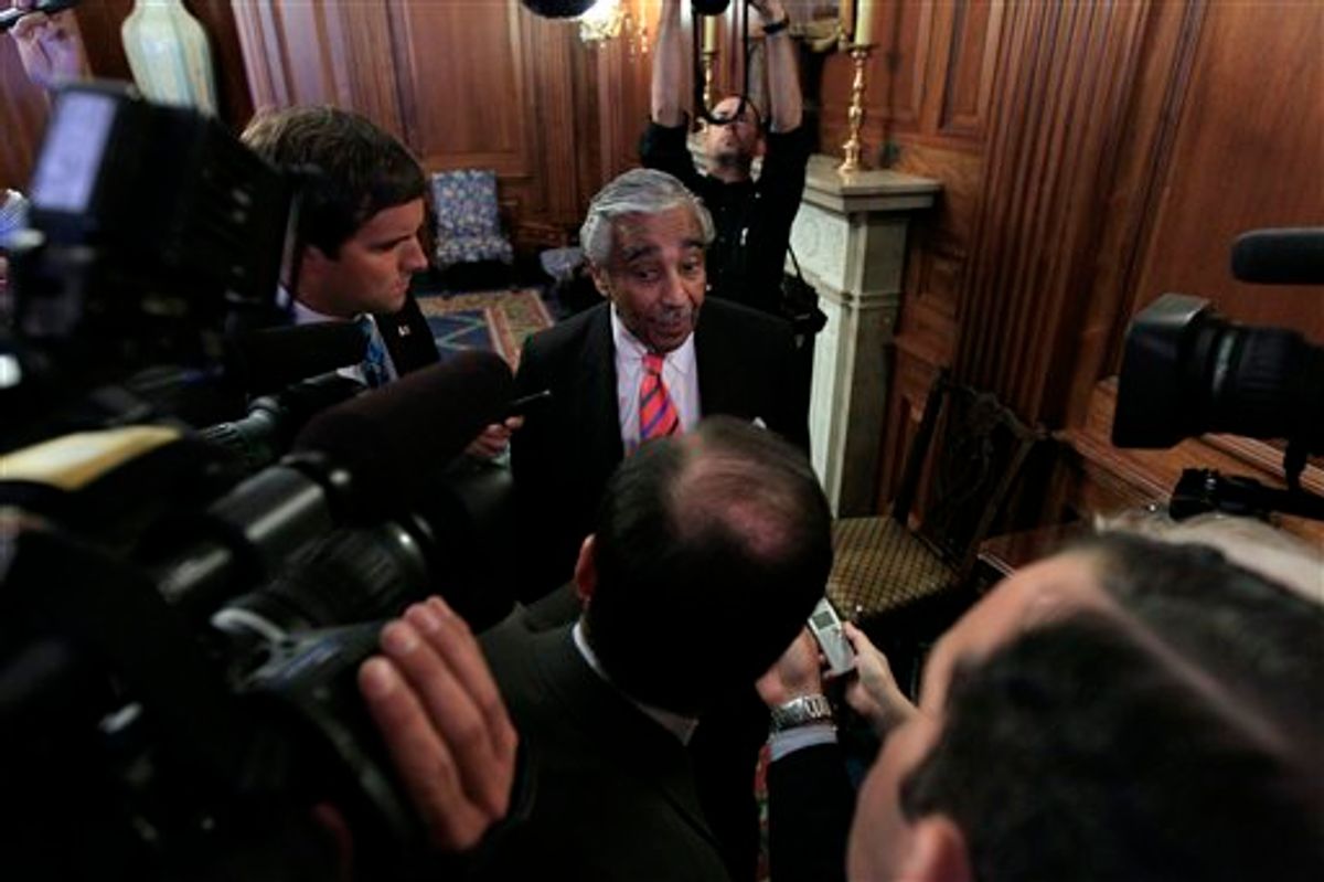 Rep. Charlie Rangel, D-N.Y., answers questions from the media  on Capitol Hill in Washington Thursday, July 22, 2010. A House investigative committee has charged Rangel, the former chairman of the House Ways and Means Committee, with multiple ethics violations.(AP Photo/Alex Brandon)  (AP)