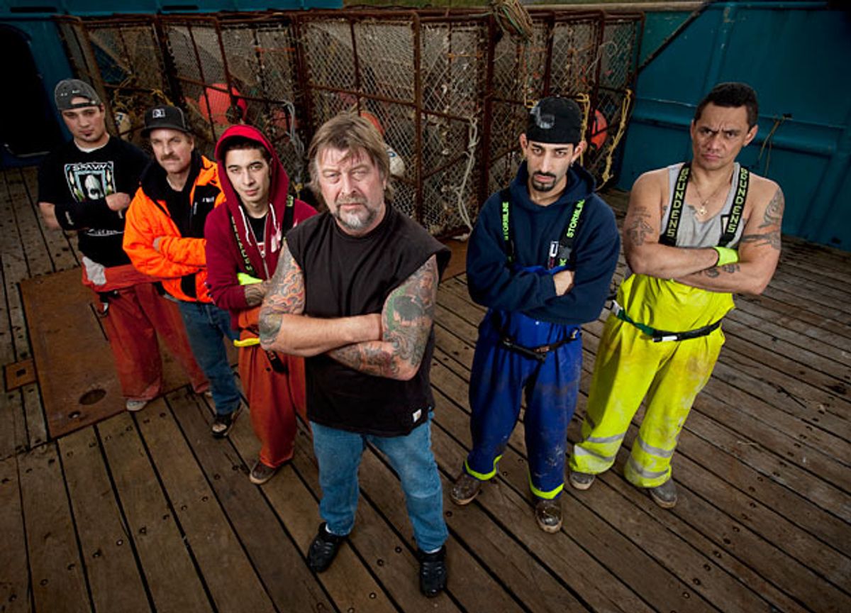 Capt. Phil Harris, center, of "The Deadliest Catch" with the crew of the Cornelia Marie. His son, Josh, stands to his left. His son, Jake, stands to his right.