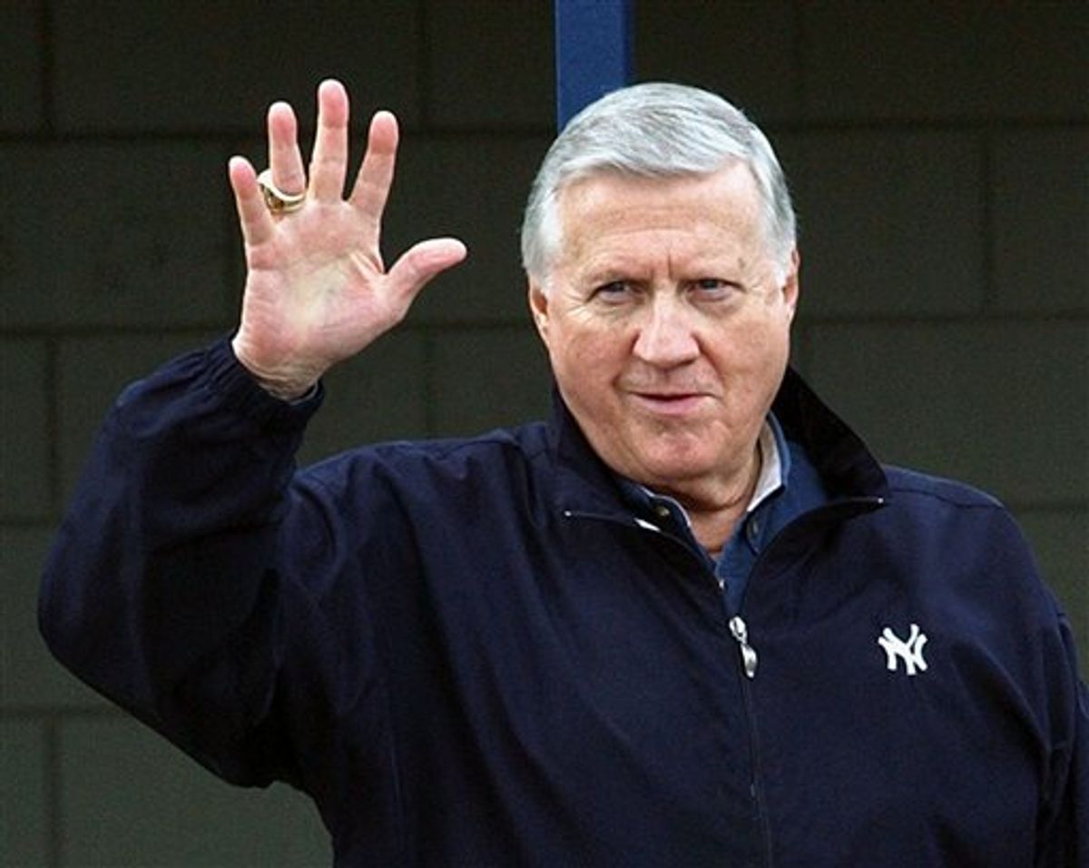 FILE - This feb. 17, 2003, file photo shows New York Yankees owner George Steinbrenner waving to fans in Tampa, Fla.  Steinbrenner, who rebuilt the New York Yankees into a sports empire with a mix of bluster and big bucks that polarized fans all across America, died Tuesday, July 13, 2010, in Tampa, Fla. He had just celebrated his 80th birthday July 4.  (AP Photo/Chris O'Meara, File)  (AP)