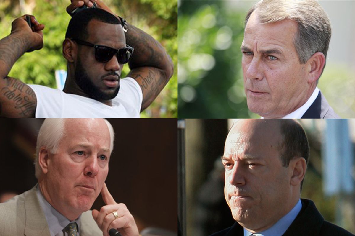 Clockwise from upper left: LeBron James, John Boehner, Ari Fleischer, John Cornyn