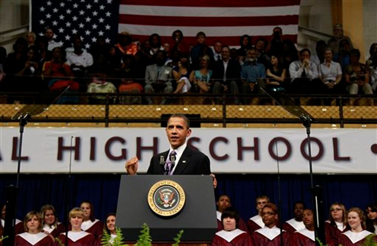 President Barack Obama delivers the commencement address for Kalamazoo Central High School, the winner of the 2010 Race to the Top High School Commencement Challenge, at Western Michigan University Arena in Kalamazoo, Mich., Monday, June 7, 2010. (AP Photo/Charles Dharapak) (AP)