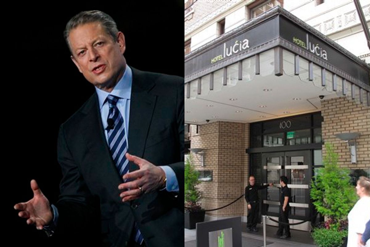 Former Vice President Al Gore. Right: Hotel Lucia in Portland, Ore., where the former vice-president is accused of groping a massage therapist four years ago.