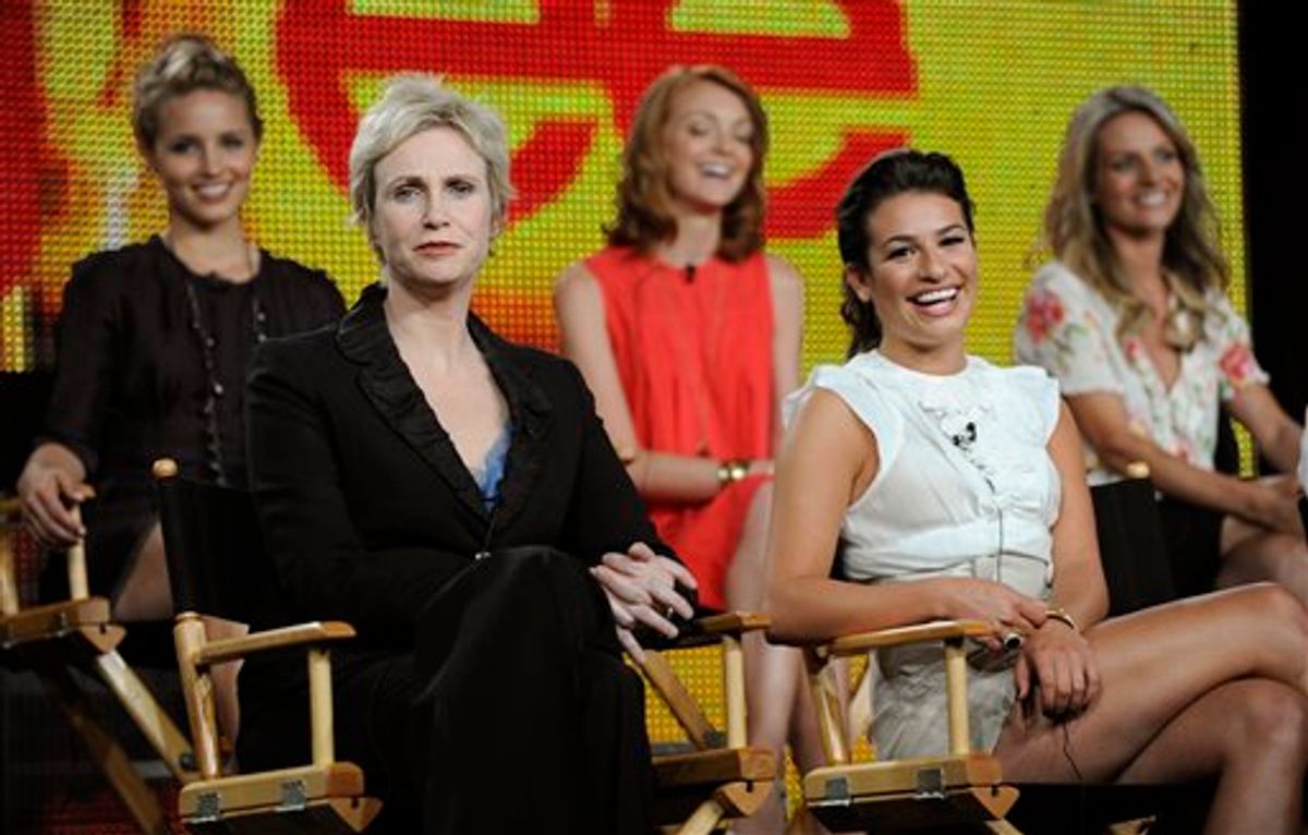 In this photo taken Aug. 6, 2009, "Glee" cast members from left, Diana Agron, Jane Lynch, Jayma Mays, Lea Michele and Jessalyn Gilsig participate in a panel discussion at the FOX Television Critics Association summer press tour in Pasadena, Calif. TV newcomers "Modern Family" and "Glee" are poised to bring sizzle to the Emmy nominations Thursday July 8, 2010, while late-night talk shows could add a dash of conflict.  (AP Photo/Chris Pizzello) (AP)